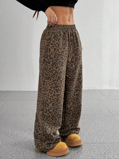 Sarah Express Women's Leopard Drawstring Wide Leg Pants