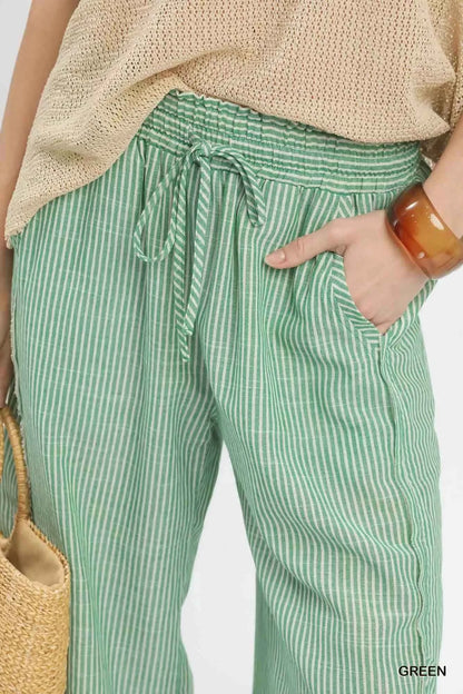 Sarah Express Women's Linen Blend Striped Wide Leg Pants - Drawstring Cropped Palazzo Pants