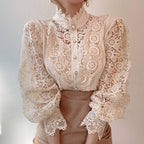 Sarah Express Women's Lace Stand Collar Blouse Long Sleeve Puff Sleeve Shirt