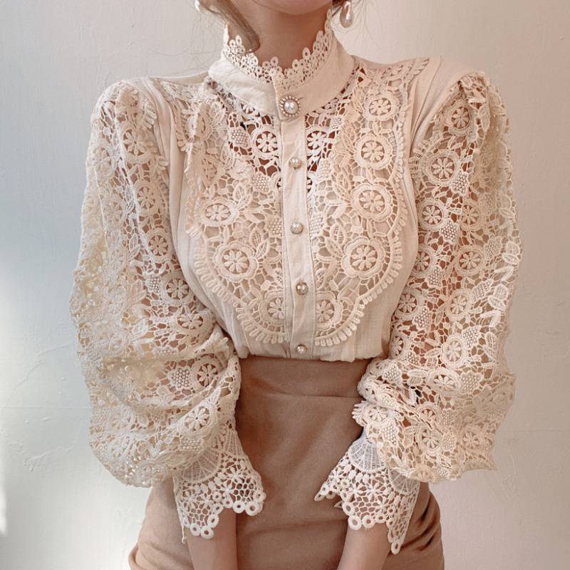 Sarah Express Women's Lace Stand Collar Blouse Long Sleeve Puff Sleeve Shirt