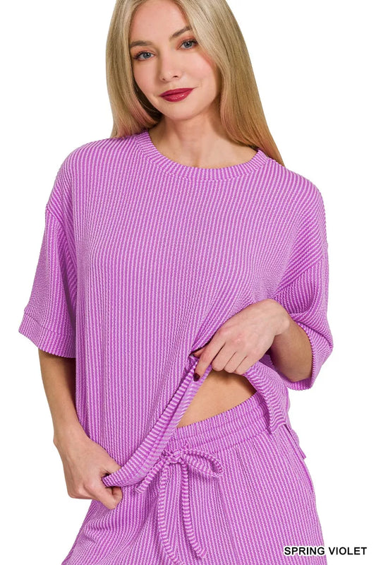 Sarah Express Women's Raised Rib Short Sleeve Tee and Drawstring Shorts Set