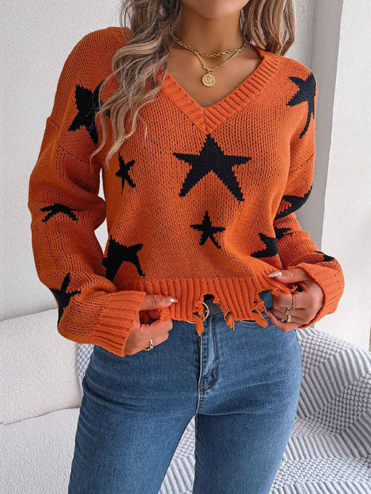 Sarah Express Women's Star Distressed V-Neck Knit Sweater - Long Sleeve Casual Pullover