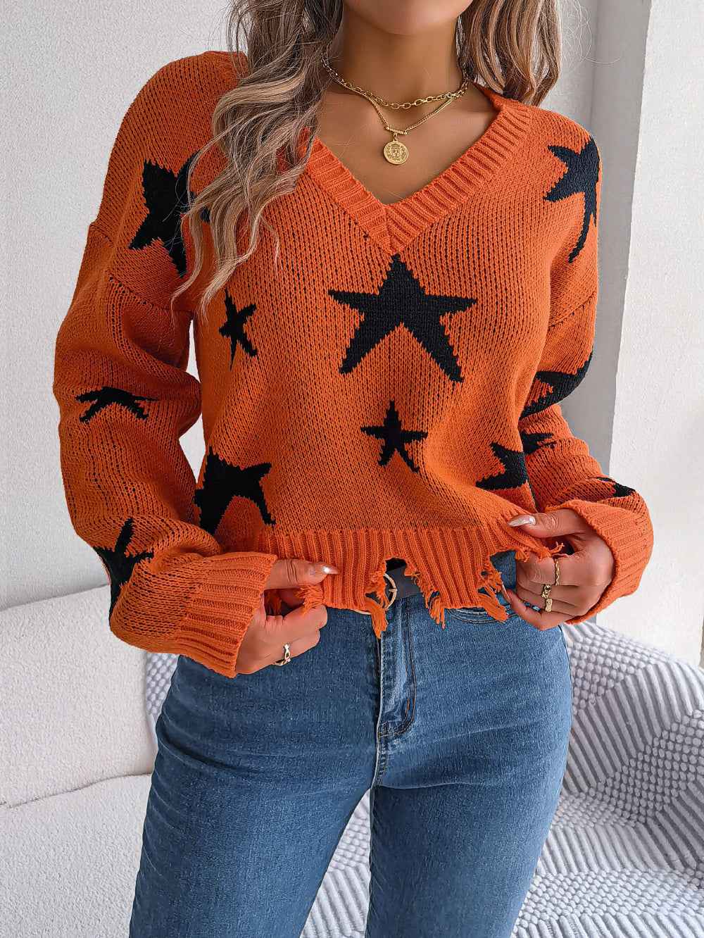 Sarah Express Women's Star Distressed V-Neck Knit Sweater - Long Sleeve Casual Pullover Orange