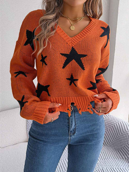 Sarah Express Women's Star Distressed V-Neck Knit Sweater - Long Sleeve Casual Pullover Orange