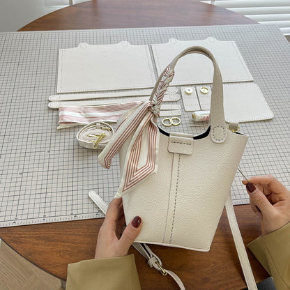 Sarah Express Western Style Bucket Bag with Silk Scarf for Women - PU Leather Crossbody Handbag Beige