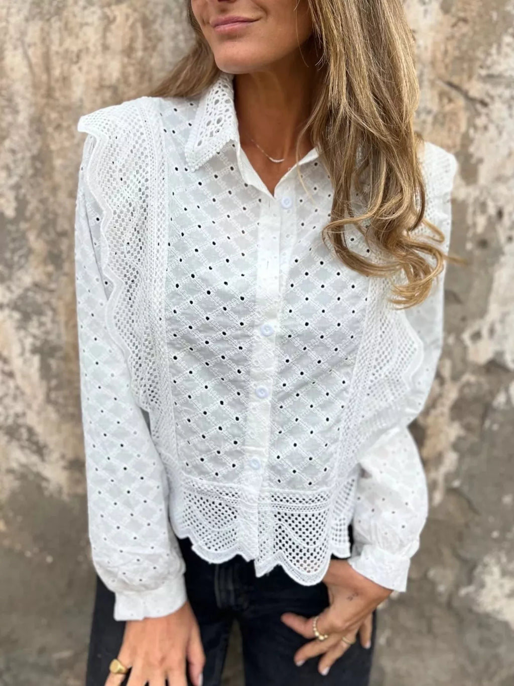 Sarah Express Women's Eyelet Button-Up Shirt with Scalloped Hem White