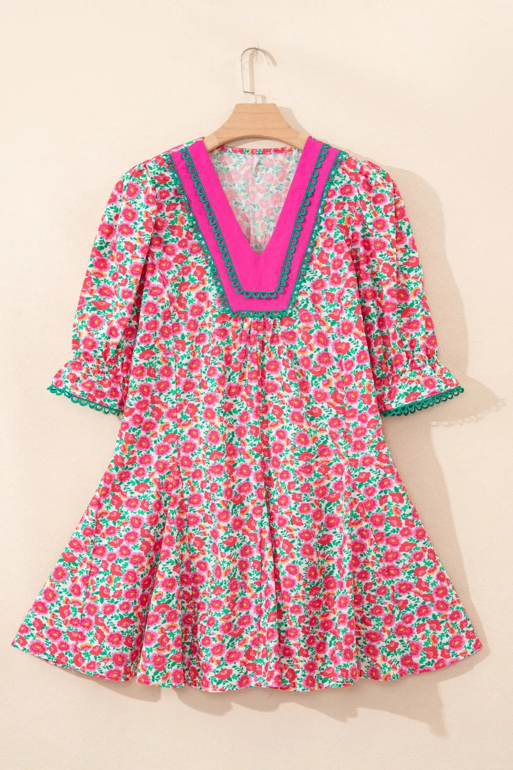 Sarah Express Women's Floral Print V Neck Mini Dress Short Bubble Sleeve Patchwork