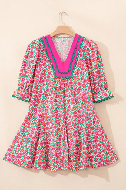 Sarah Express Women's Floral Print V Neck Mini Dress Short Bubble Sleeve Patchwork