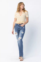 Sarah Express Women’s Plus Size Distressed Mid Rise Straight Jeans

