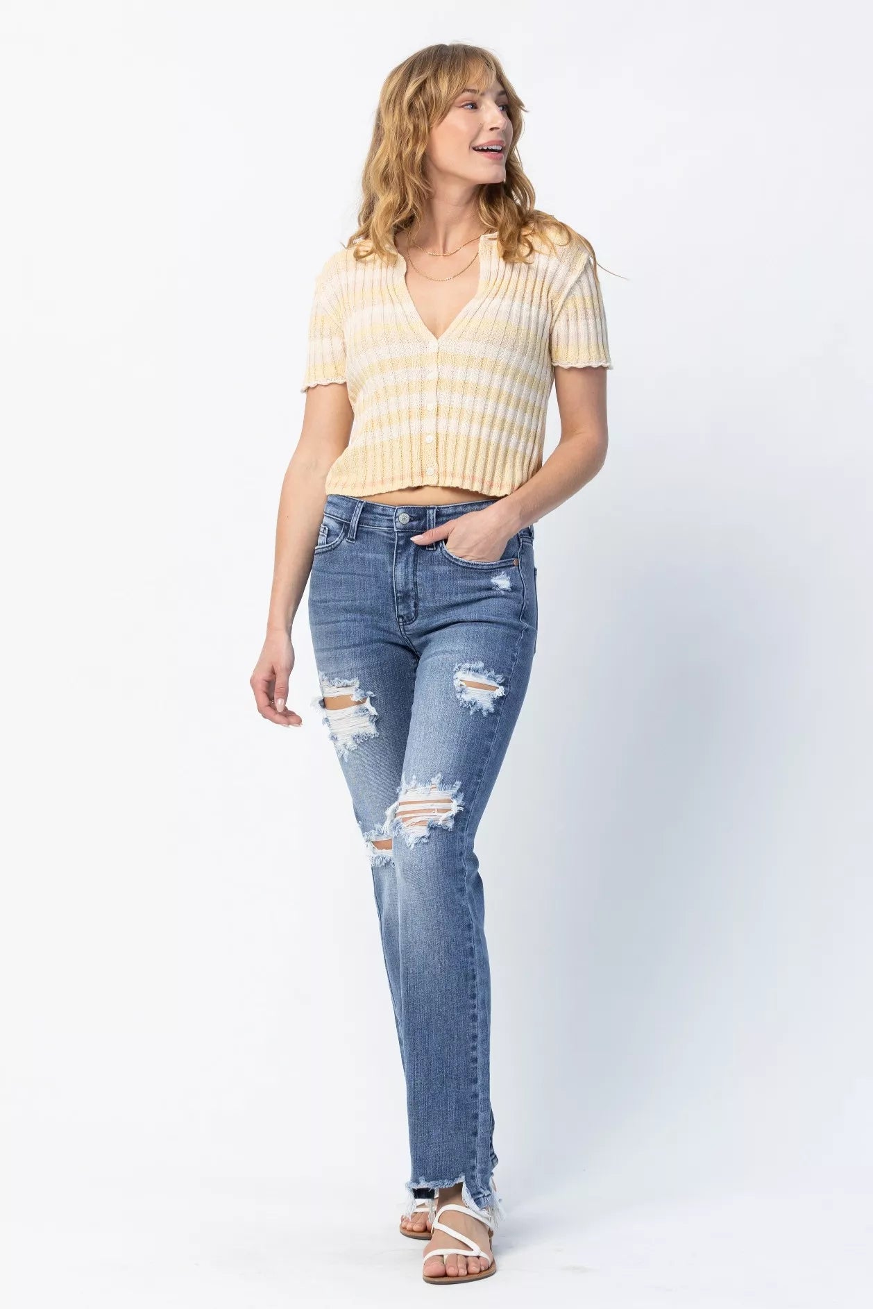 Sarah Express Women’s Plus Size Distressed Mid Rise Straight Jeans
