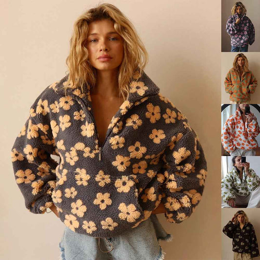 Sarah Express Women's Floral Zip-Up Sweatshirt with Pocket - Casual Lambskin Pullover Top