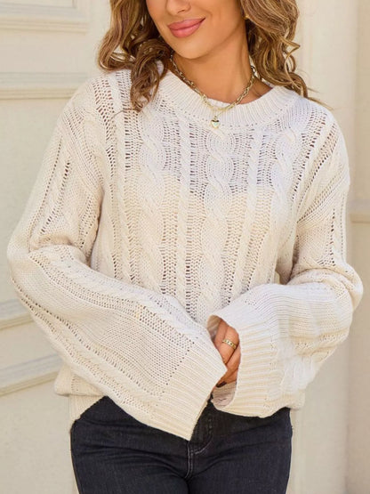 Sarah Express Women's Cable Knit Sweater - Long Sleeve Openwork Pullover