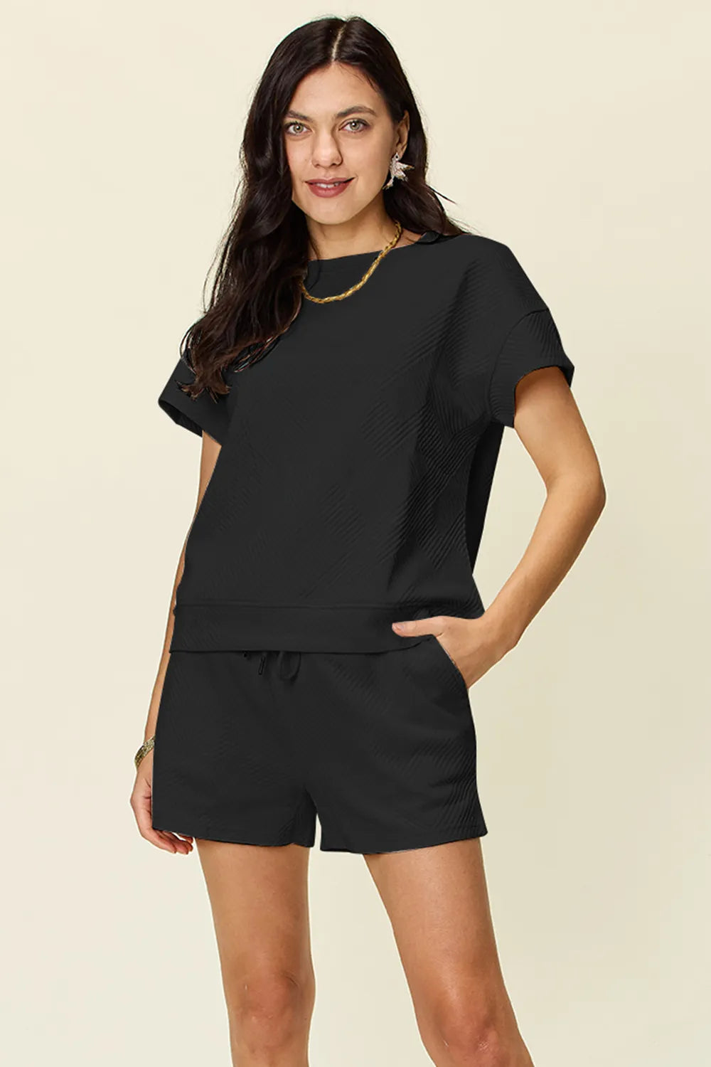 Sarah Express Women's Textured Short Sleeve T-Shirt and Drawstring Shorts Set Black