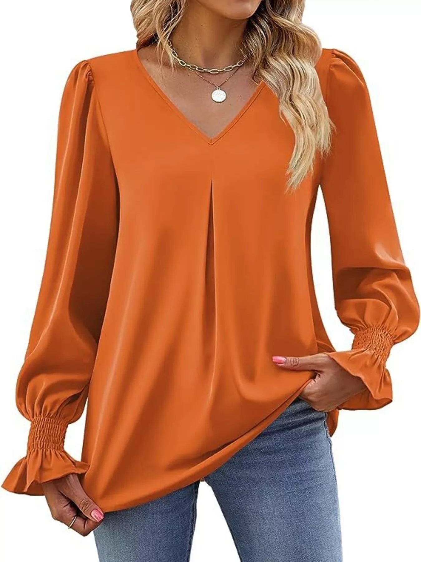 Sarah Express Women's V-Neck Long Sleeve Ruffle Cuff Blouse Orange