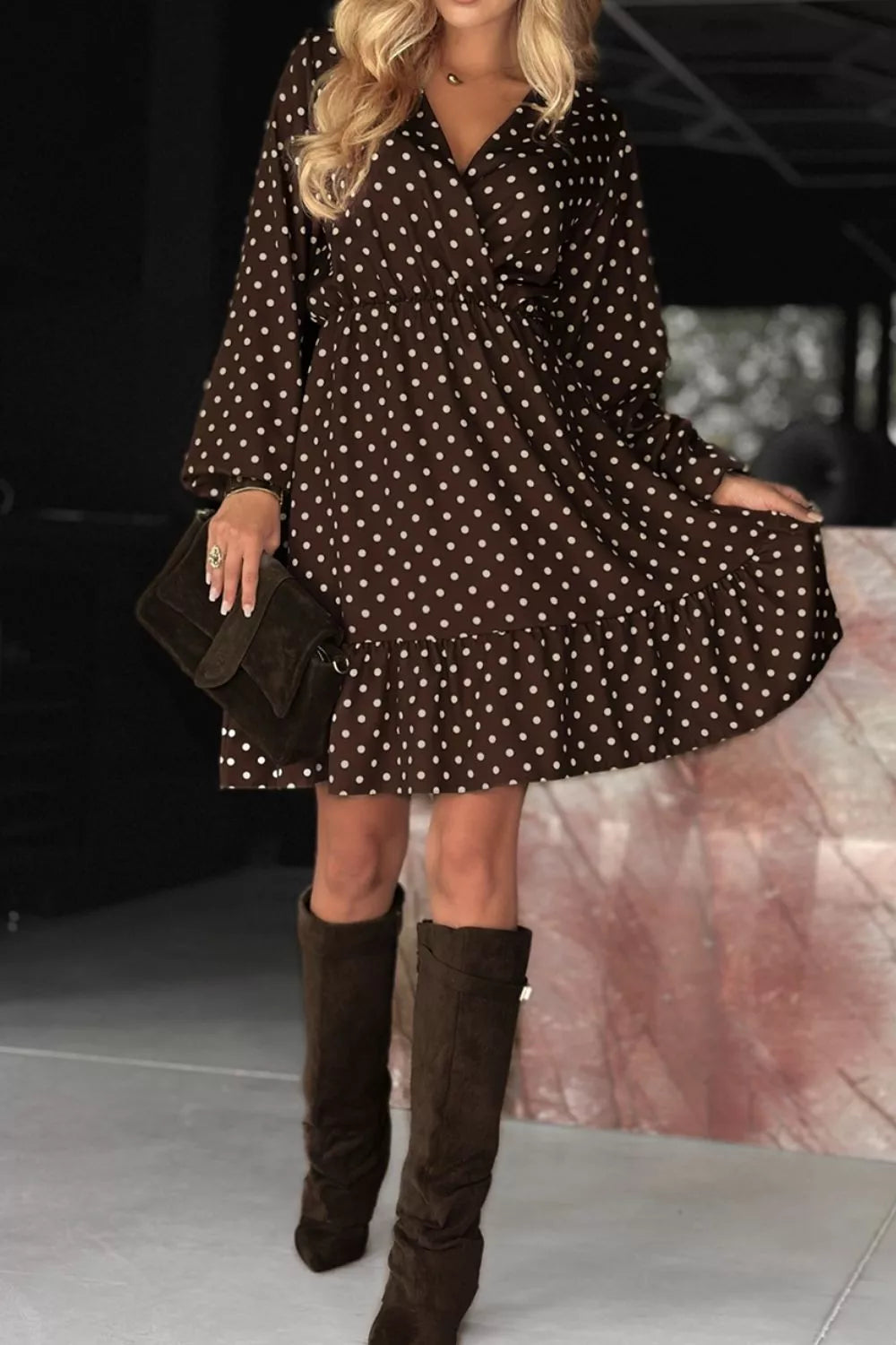 Sarah Express Women's Polka Dot Ruffle Hem Wrap Dress