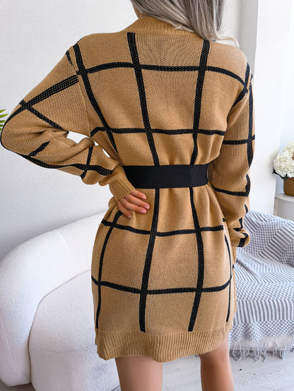 Sarah Express Women's Color Block Plaid Sweater Dress Long Sleeve Casual Knit Dress