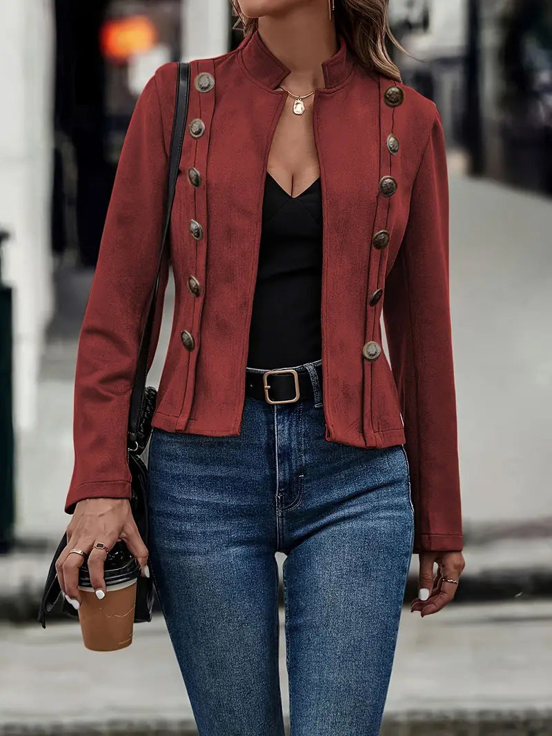 Sarah Express Women's Double-Breasted Suede Jacket Slim Fit Retro Long Sleeve Deerskin Velvet Fall Winter Outerwear