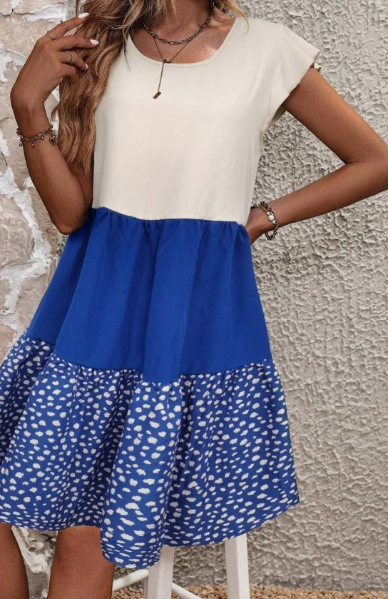 Sarah Express Color Block Floral Print Dress Ruffle Detail Pullover