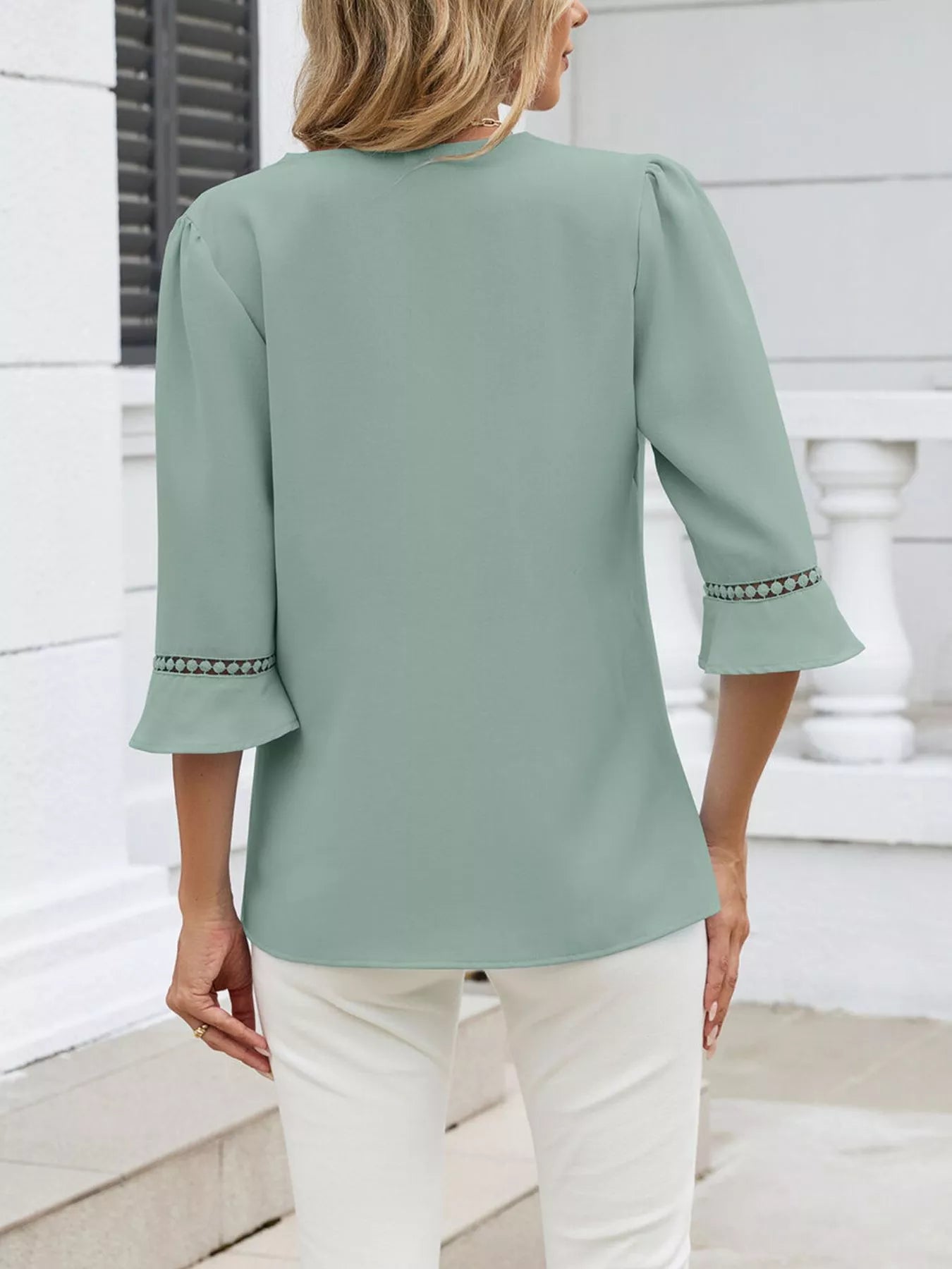 Sarah Express Women's V-Neck 3/4 Sleeve Blouse with Lace Detail