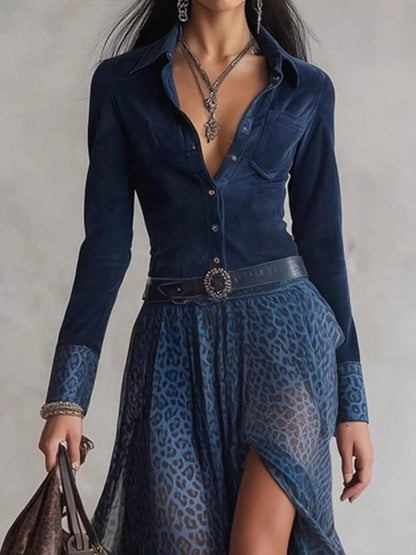 Sarah Express Women's Leopard Print Button Front Maxi Dress with Pockets and Slit