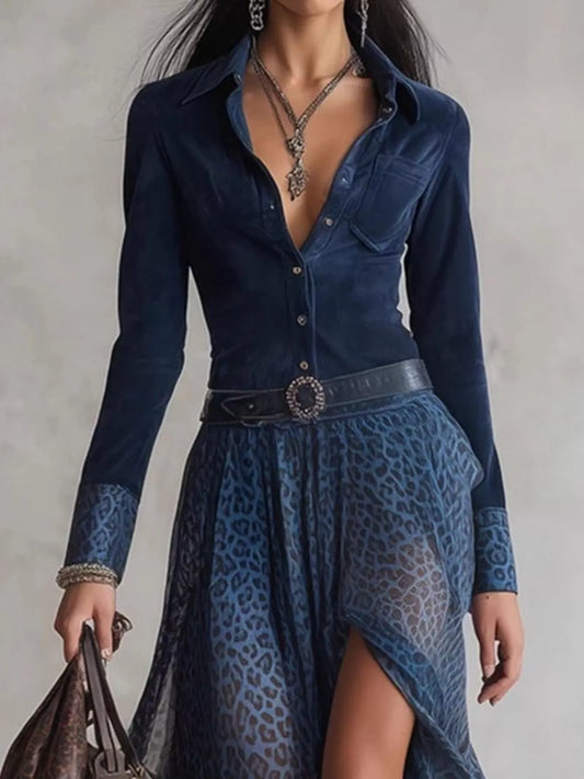 Sarah Express Women's Leopard Print Button Front Maxi Dress with Pockets and Slit