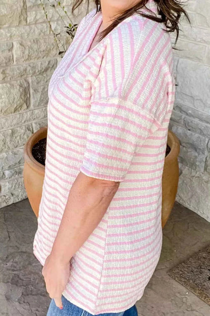 Sarah Express Women's Plus Size Stripe V-Neck T-Shirt with Exposed Seam Patchwork Detail