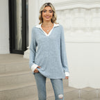 Sarah Express Women's Lapel Long Sleeve Loose Fit Top Rayon Pullover