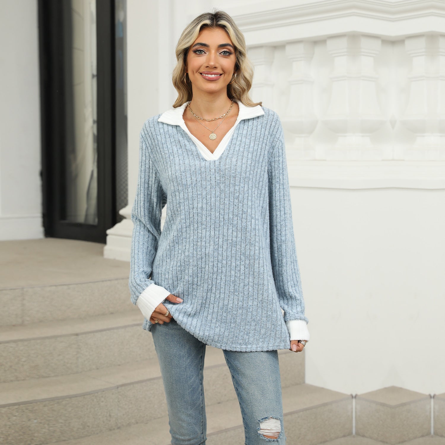 Sarah Express Women's Lapel Long Sleeve Loose Fit Top Rayon Pullover