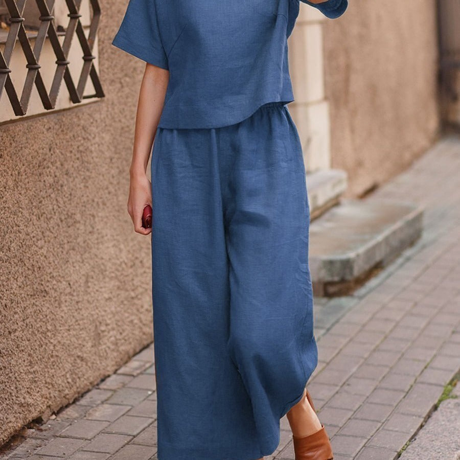 Sarah Express Cotton Linen Two-Piece Set Casual Loose Top Pants Outfit