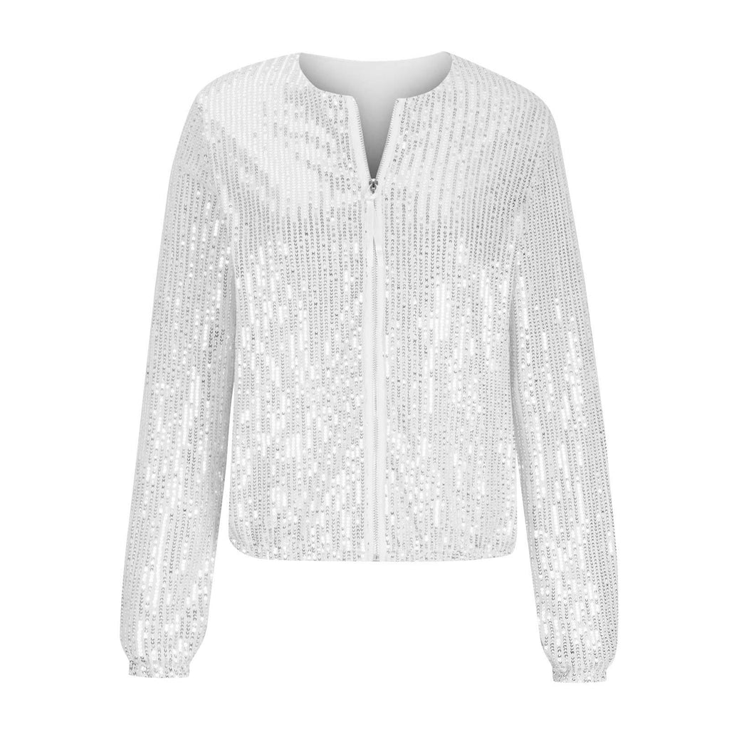 Women's Sequin Zip Jacket - Casual Short Outerwear