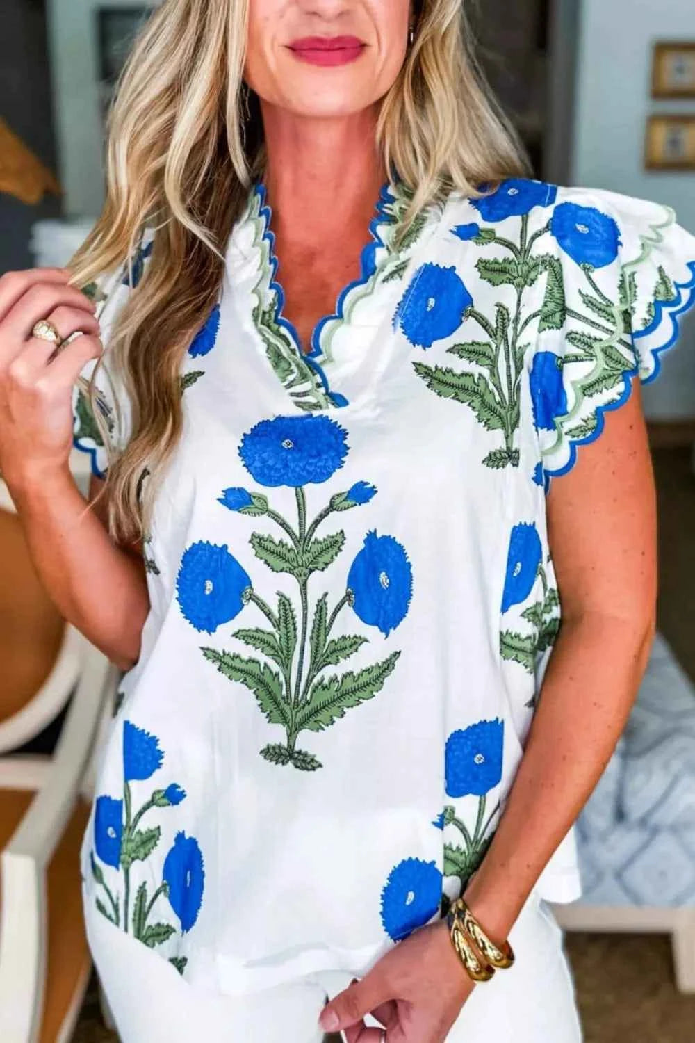 Sarah Express Women's Floral Print Ruffle Trim Blouse - Short Sleeve Cotton Viscose Top