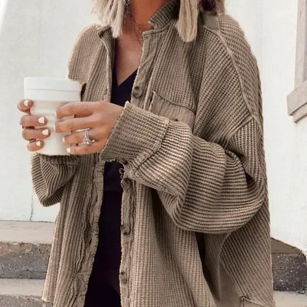 Sarah Express Patchwork Irregular Shirt Jacket Loose Fit Long Sleeve Acrylic Outerwear