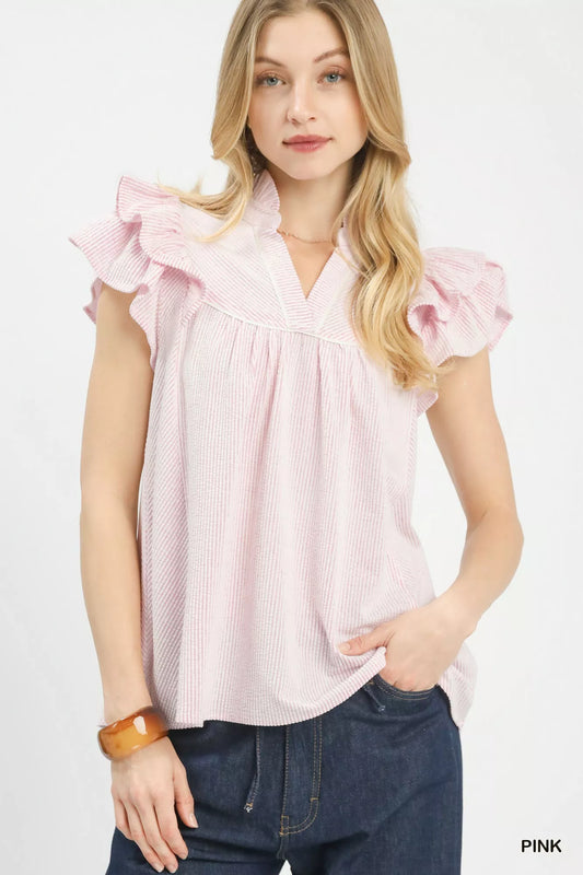 Sarah Express Women's Ruffled Sleeve Textured Blouse - Feminine Elegant Top PINK