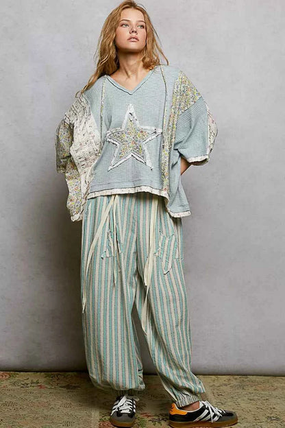 Sarah Express Women's Floral Star Patch Hooded Blouse with Lace Detail - Ribbed Long Sleeve Top