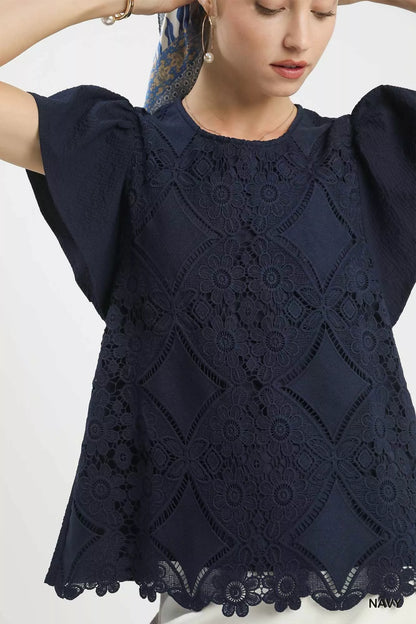 Sarah Express Women's Floral Lace Overlay Flutter Sleeve Top - Romantic Feminine Blouse