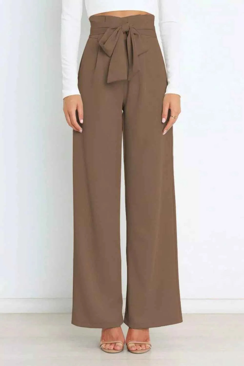 Sarah Express Women's High Waist Tie Front Wide Leg Pants - Pocketed Palazzo Trousers