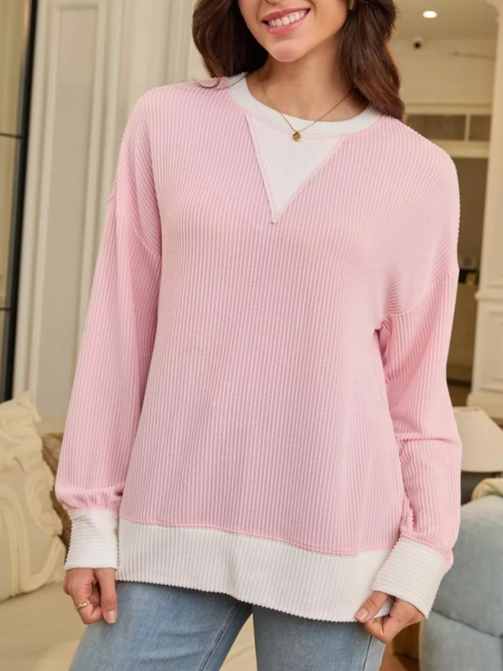 Sarah Express Women's Two-Tone Ribbed Knit Sweatshirt