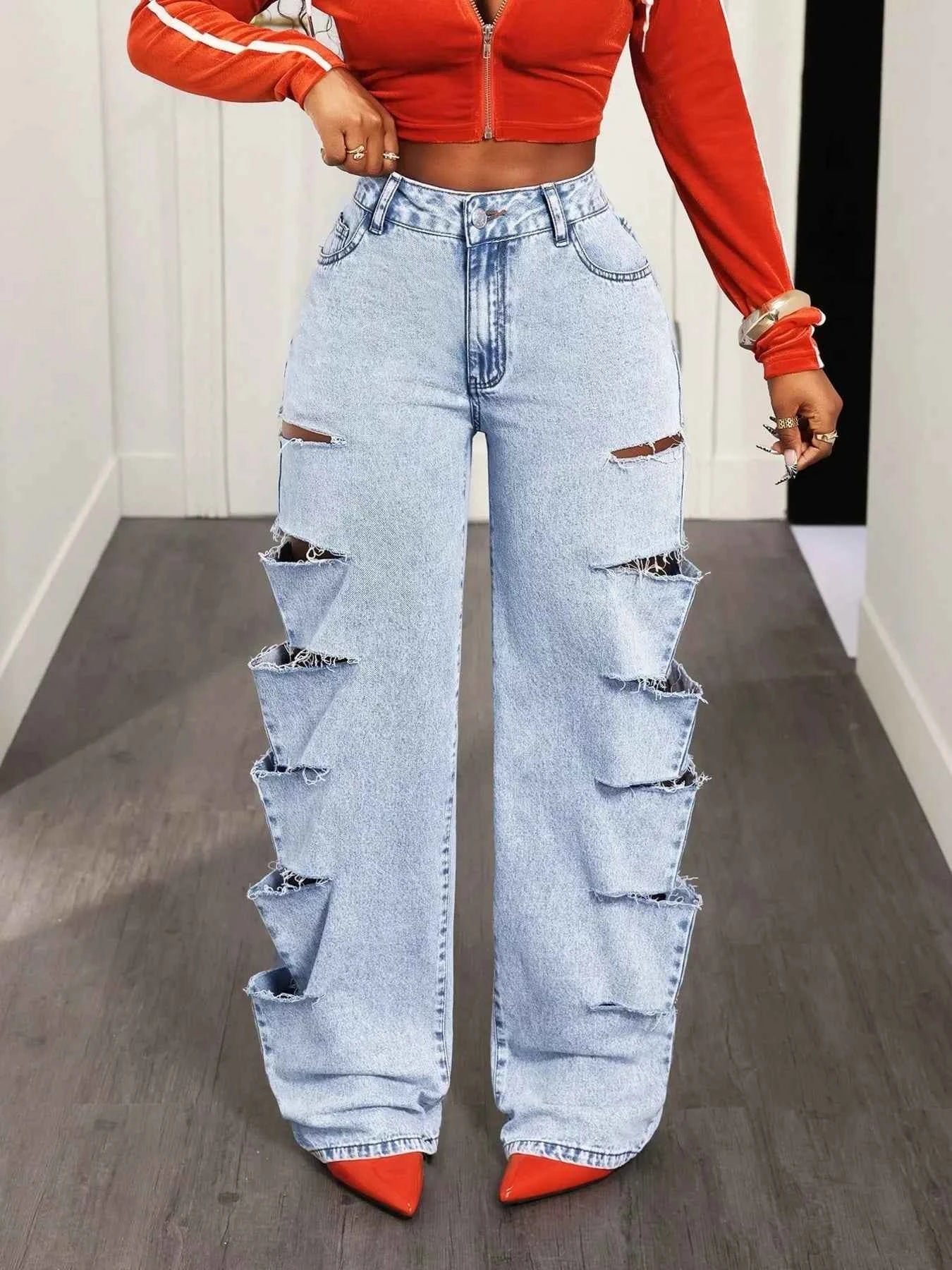 Sarah Express Women's Distressed Wide Leg Jeans - High Waist Vintage Denim Pants