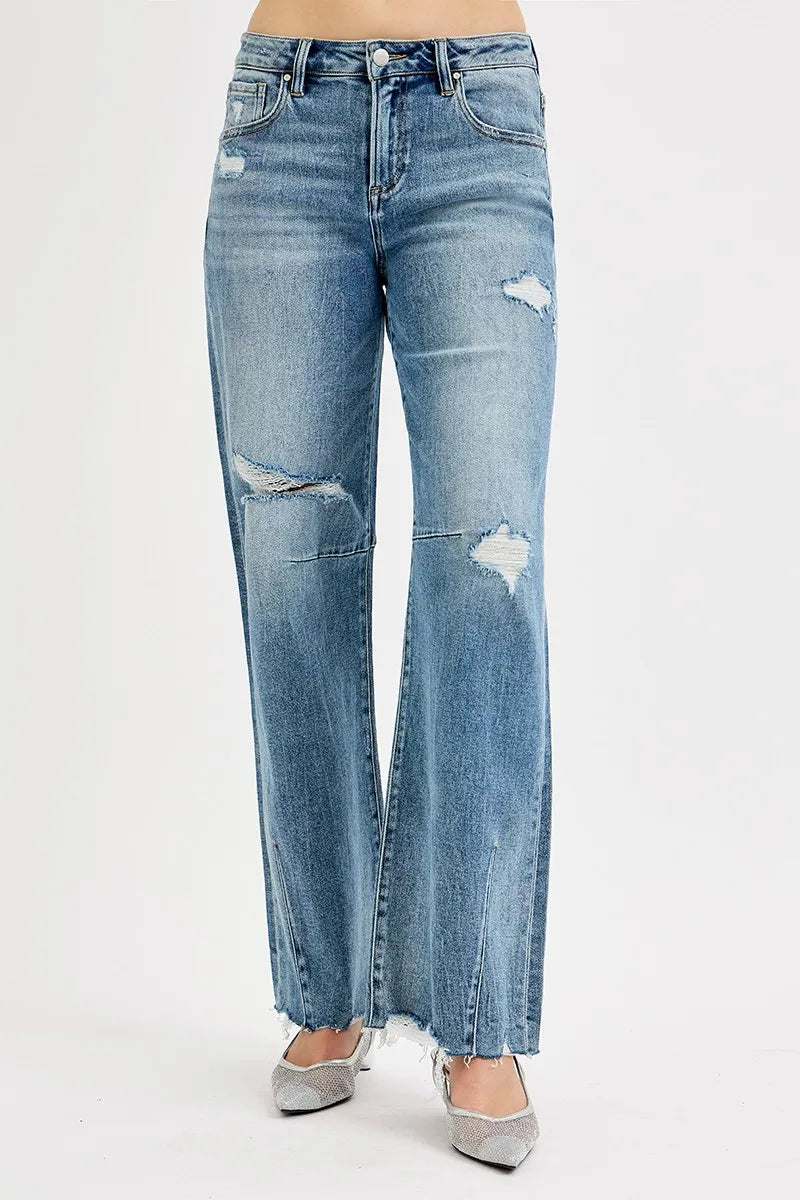 Sarah Express Women’s Plus Size Mid Rise Wide Leg Tie-Washed Jeans

