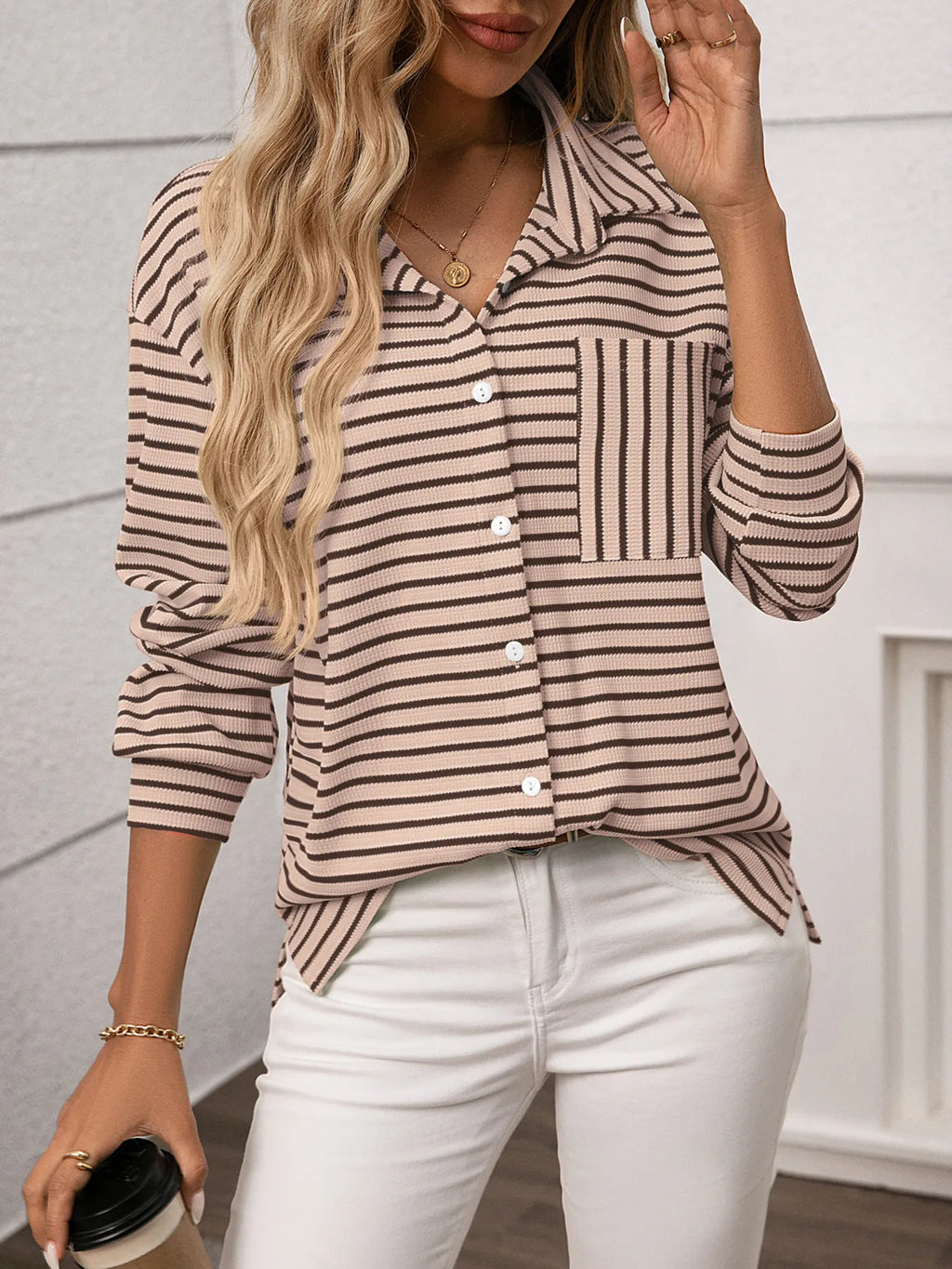 Sarah Express Women's Striped Button Up Long Sleeve Shirt