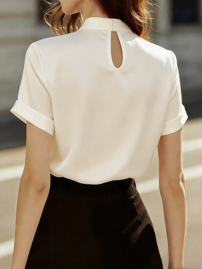 Sarah Express Women's Keyhole Neck Satin Short Sleeve Blouse