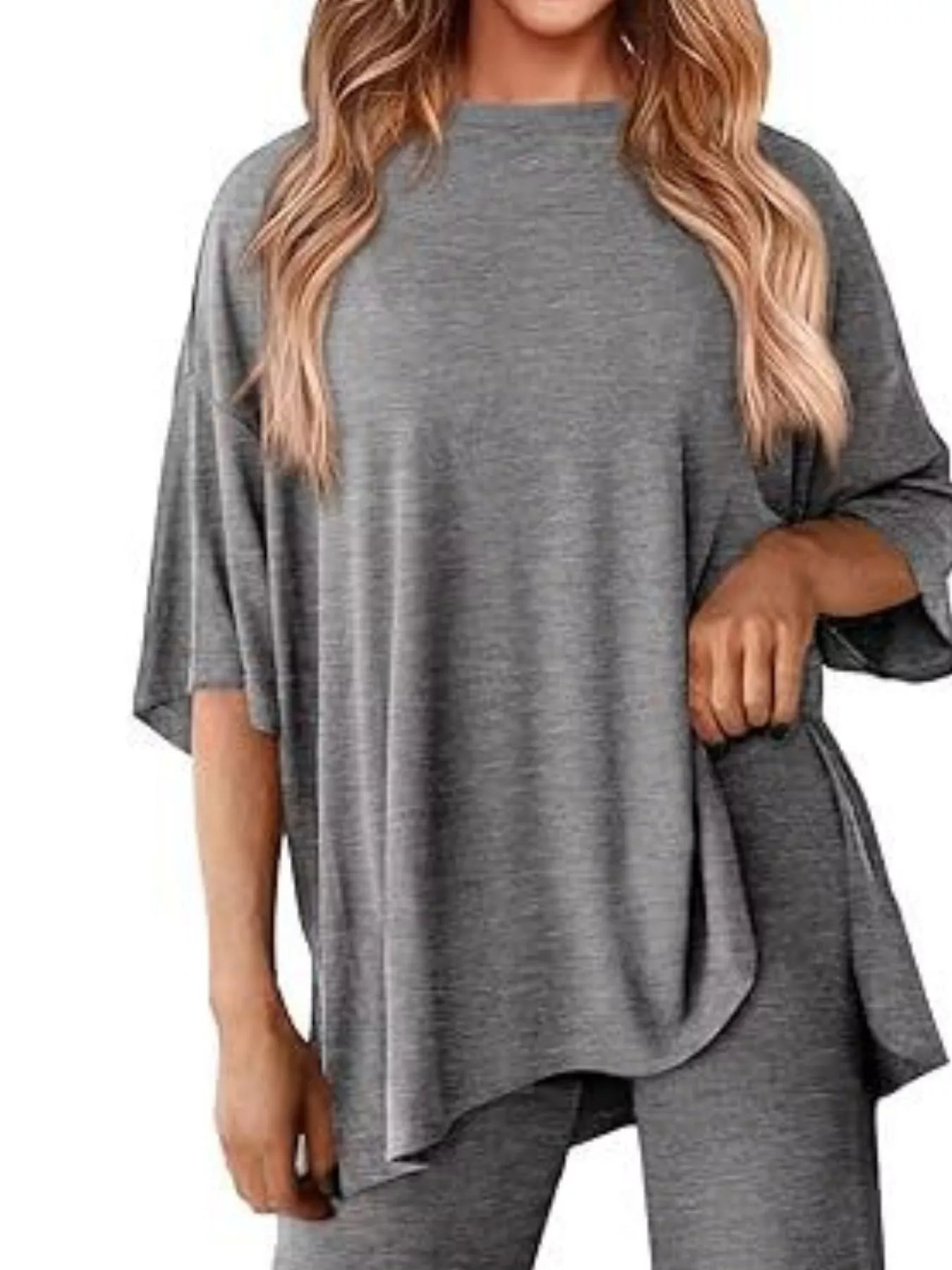 Sarah Express Women's Two Piece Slit Round Neck Top and Pants Set - Casual Loungewear Outfit