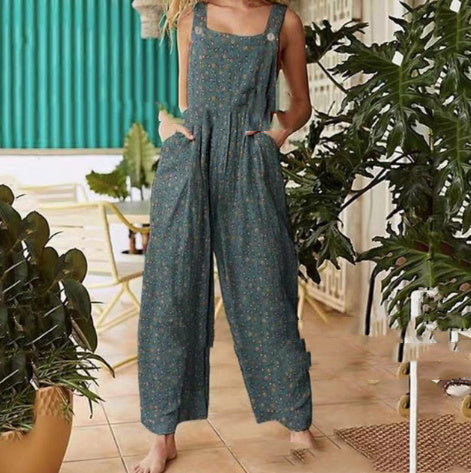 Sarah Express Women's Patchwork Printed Button Suspender Jumpsuit Loose Fit Cotton Blend Casual Overall