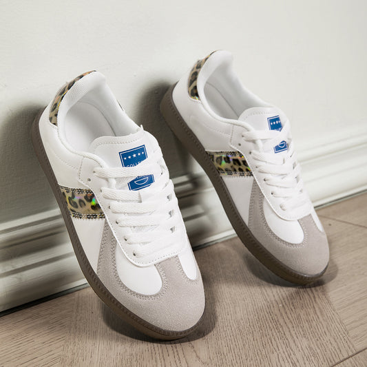 Sarah Express Women's Leopard Print Lace-Up Casual Sneakers | Color-Block Low-Top Flat Shoes