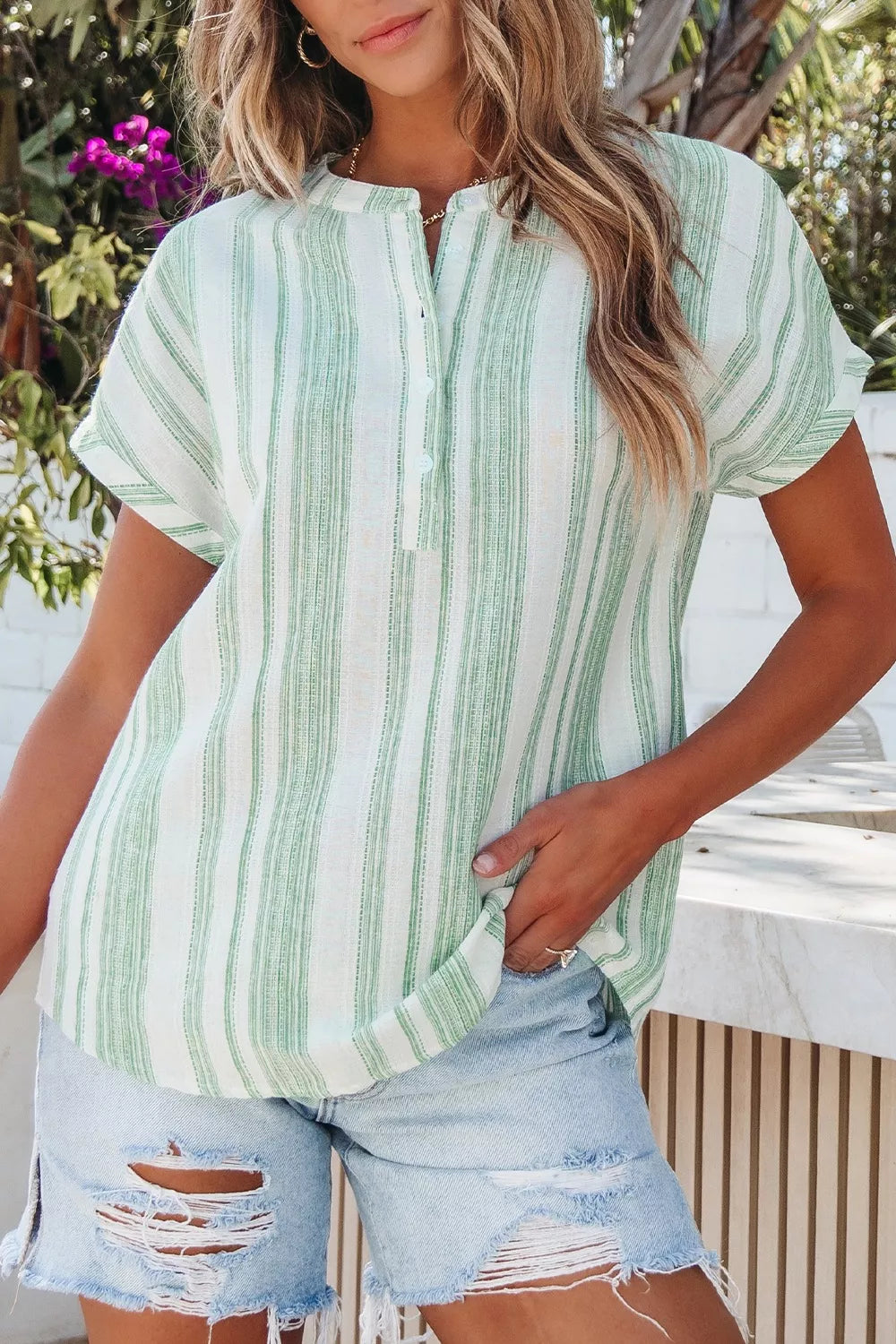 Sarah Express Women's Breathable Gauze Half Button Short Sleeve Casual Blouse Light Green