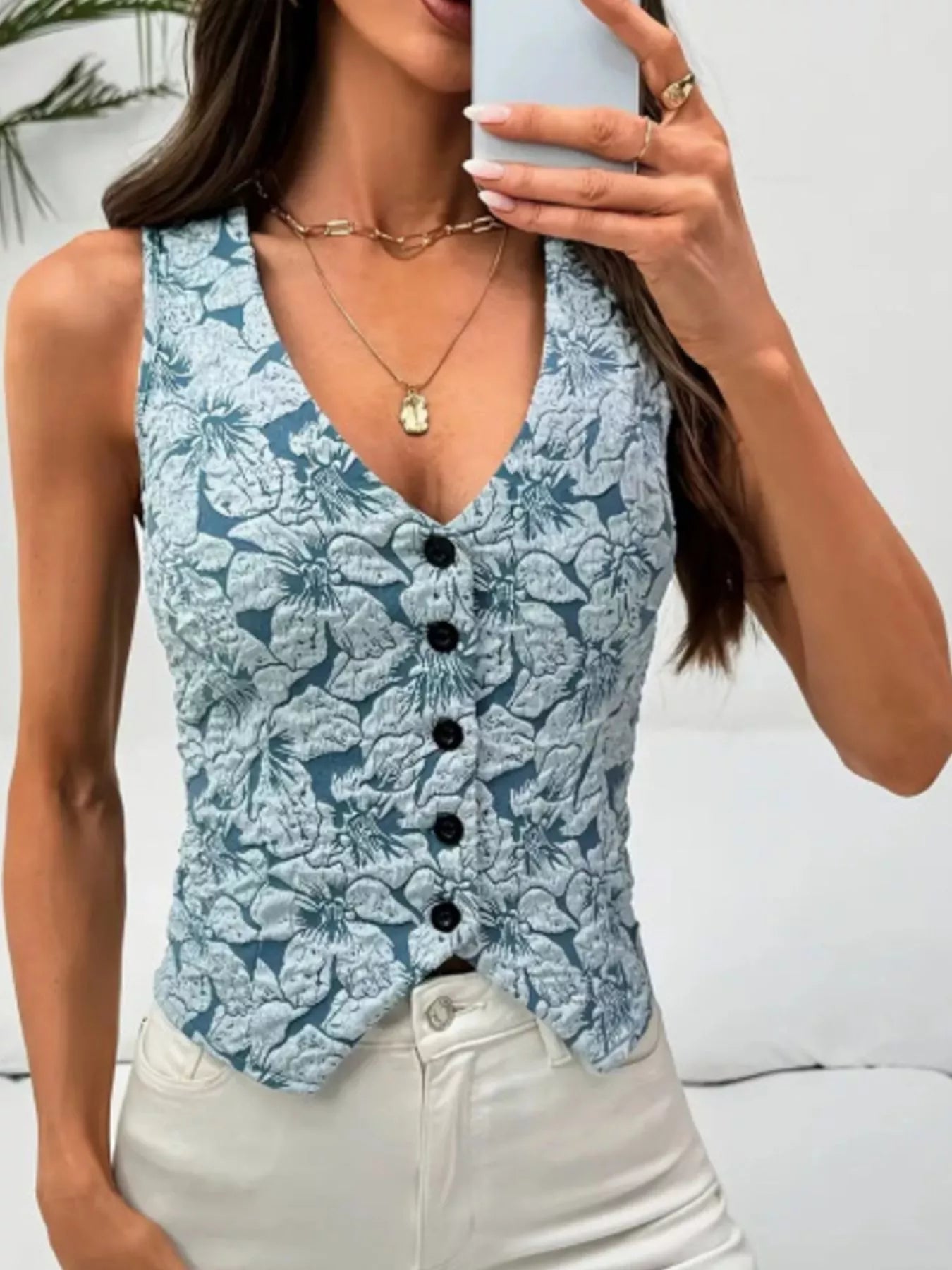 Sarah Express Women's Floral Jacquard Button Front Vest Coat - Sleeveless Embroidered Waistcoat Jacket