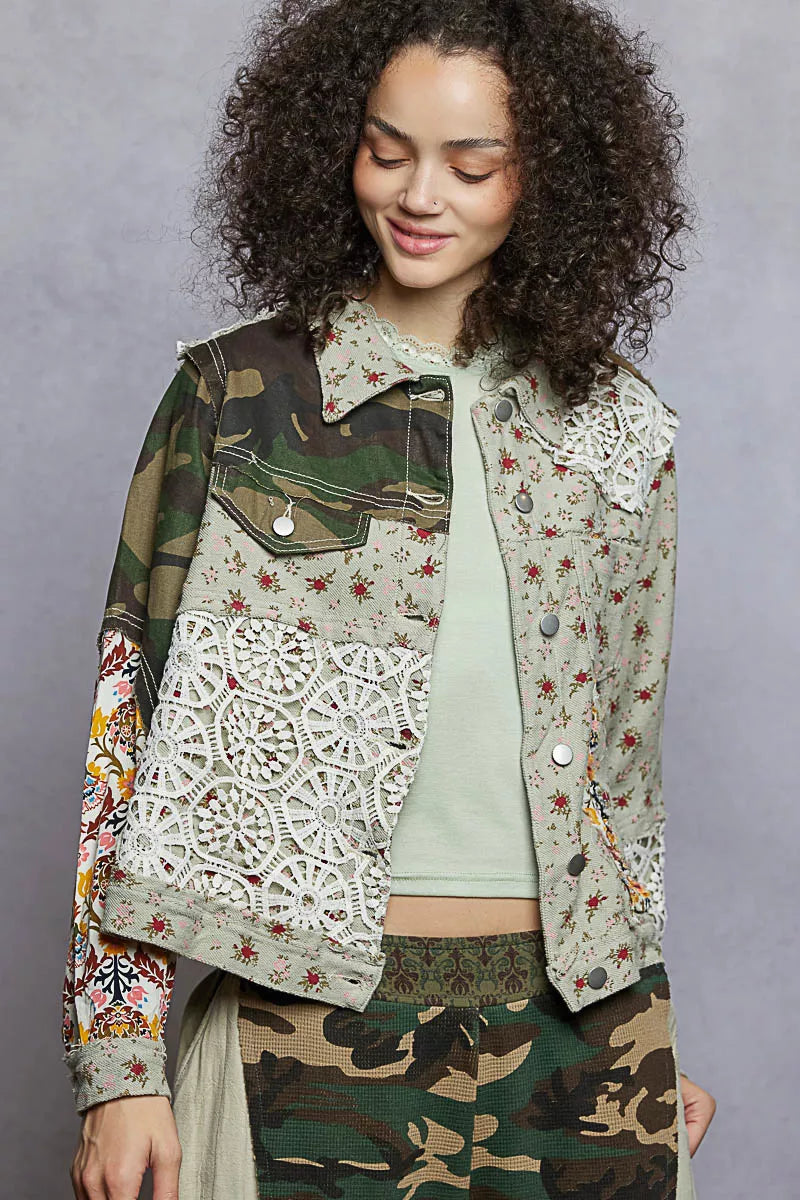 Sarah Express Women's Floral Printed French Terry Jacket with Crochet Contrast