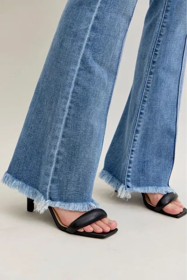 Sarah Express Women’s High Rise Flare Jeans with Fray Hem and Pintuck Detail