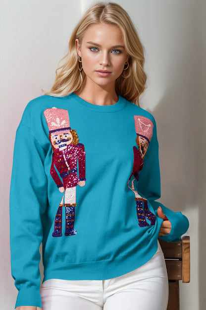 Sarah Express Women's Nutcracker Sequin Long Sleeve Sweater Cerulean