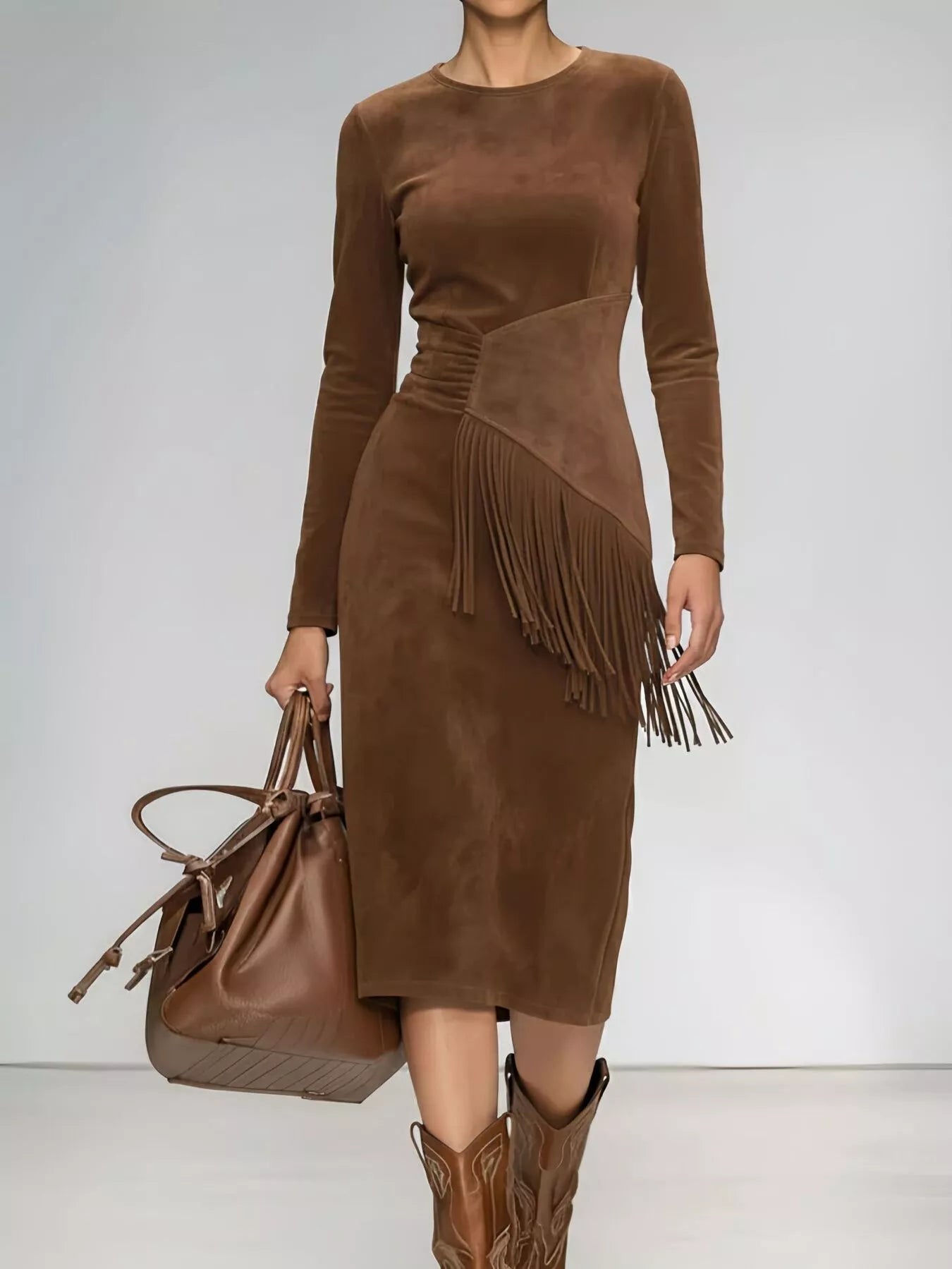 Sarah Express Women's Suede Fringe Long Sleeve Midi Dress - Boho Western Style